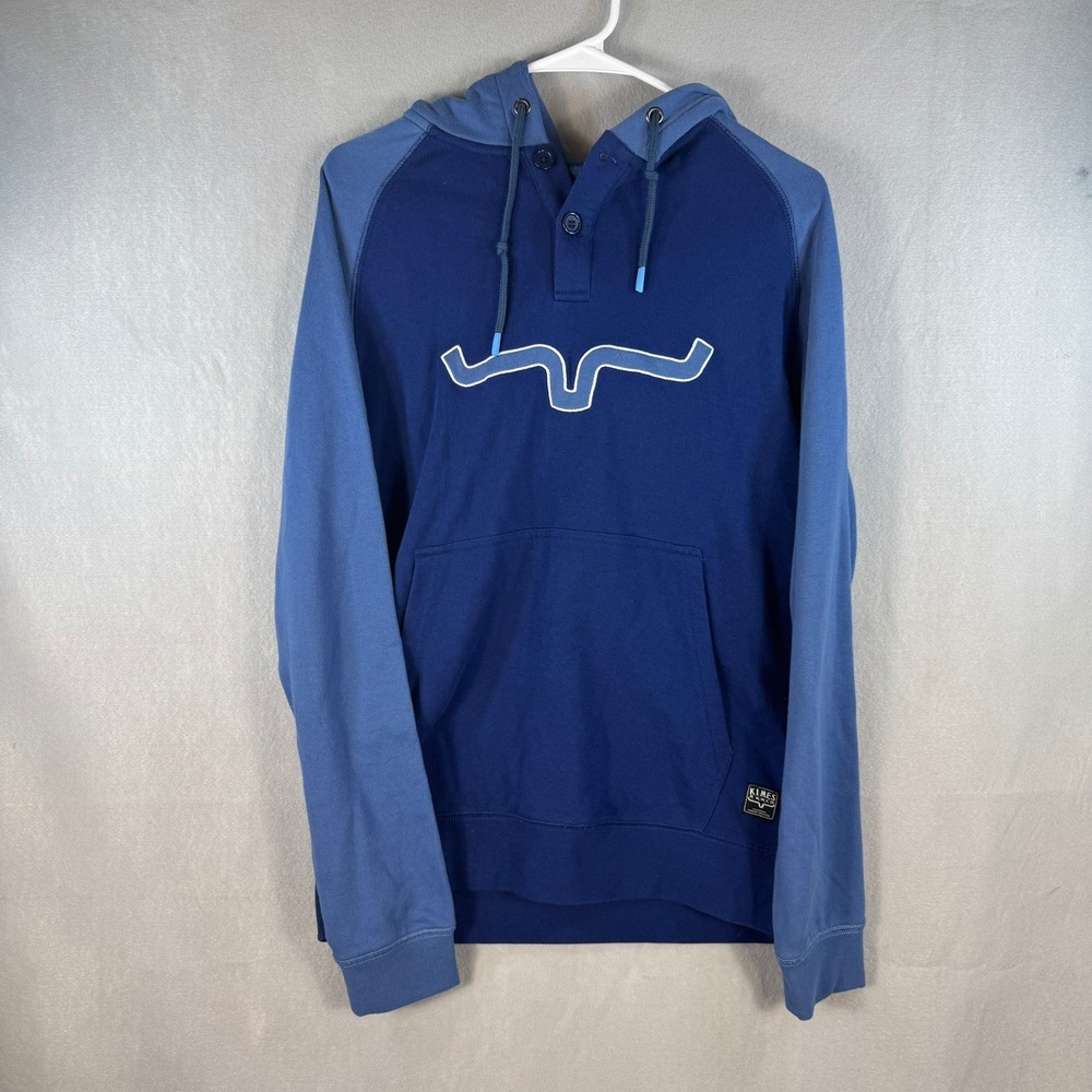 Kimes Ranch Mens Blue Two Tone Raglan Henley Hoodie Sweatshirt Small